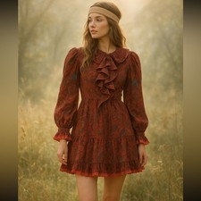 Ulla Johnson Boho Paisley Mini Dress Size S • Puff Sleeves & Ruffled Hem Fall