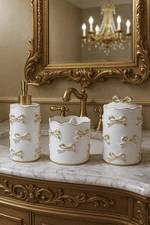 Luxury Gold Bow Bathroom Set 3pc | Soap Dispenser, Toothbrush Holder Vintage