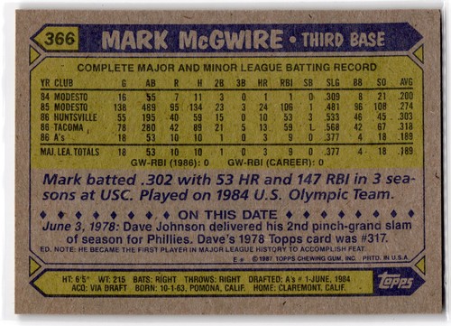 1987 Topps #366 Mark McGwire - Bild 2 von 2