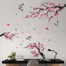 Pink Watercolor Cherry Blossom Flower Wall Stickers - Tree Branch Birds Flora...