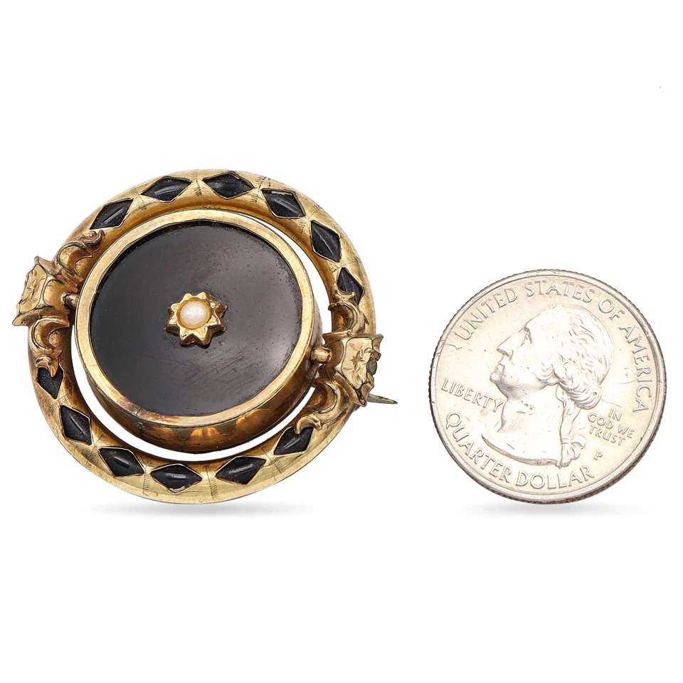 Broche antigo folheado a ouro preto ônix e pérola luto - Imagem 4 de 4