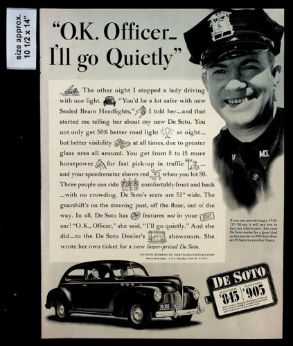 1940 De Soto Dealer Car Officer Cop Sealed Beam Headlight Vintage Print Ad 35963 - Photo 1 sur 1