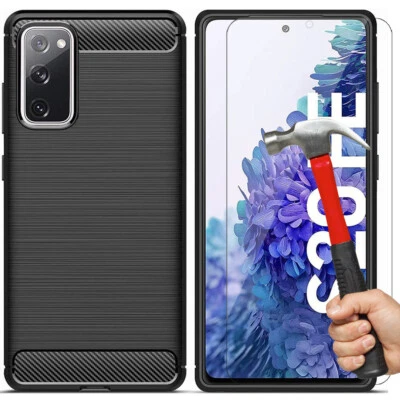 Coque pour Samsung S20 FE S20 Ultra S20 Plus Fibre de Carbone + 2 Verres Trempés