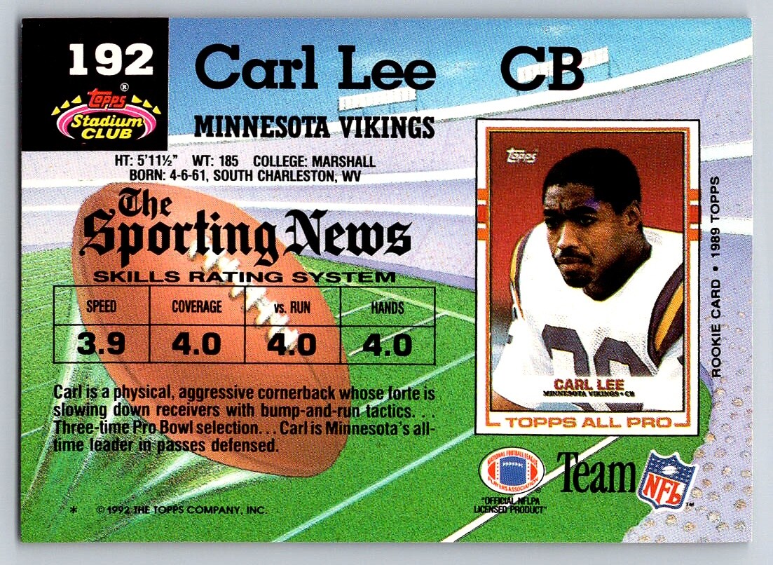 192 Carl Lee Minnesota Vikings 1992 Stadium Club | eBay