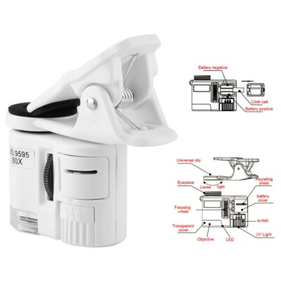 LED Clip-Type Loupe Microscope Jewelry /& Antique evaluating etc Crafting and Repairing 60X Magnifying Glass LED UV Light Mini Mobile Phone Clip Microscope for Currency Detecting
