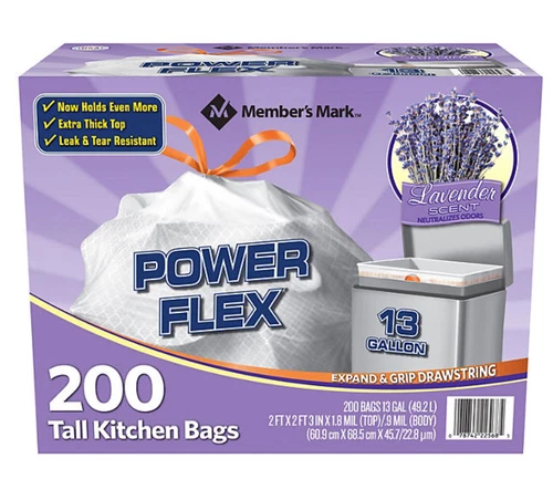 Member's Mark Power Flex Tall Kitchen Drawstring Trash Bags (13 gal., 200 ct.)