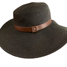 Sun N Sand Headwear Womens Black Woven Straw Hat Wide Brim Audrey Hepburn