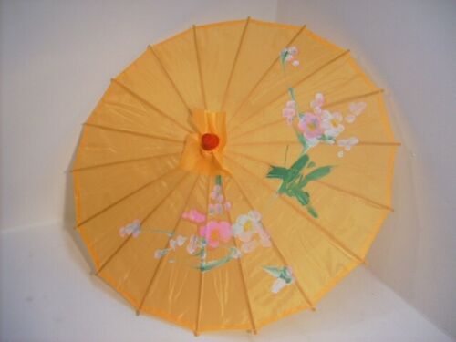 Vintage Seidenschirm golden asiatisch orientalisch handbemalt Blumenmuster Bambusgriff