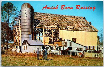 VINTAGE POSTCARD AMISH BARN RAISING IN DUTCH COUNTRY PENNSYLVANIA