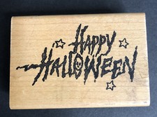 Happy Halloween Rubber Stamp Scary Creepy Script Wood Mounted