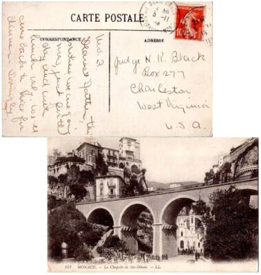 Monaco France 10c Sower 1913 Monte Carlo, Principaute Monaco PPC (La Chapelle de