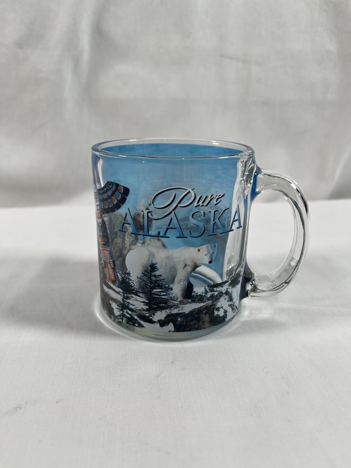 New PURE ALASKA Clear Glass with Blue Coffee Mug Cup Moose & Polar Bear #187