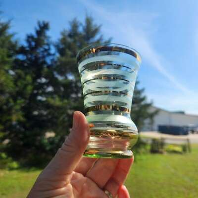 Set of 4 Green & Gold MCM Shot Glasses Gold Band Design 3'' T Green Glass