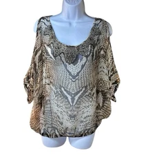 Cache Beaded Snake Print Sheer Chiffon Top L Y2K Glam Batwing Blouson