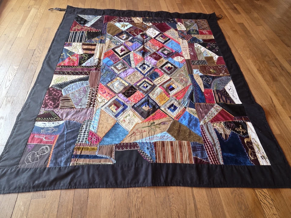 Unique Antique Hand Embroidered Folk Art Primitive Crazy Quilt W/ Shams 55 X 60 - Image 4 of 4