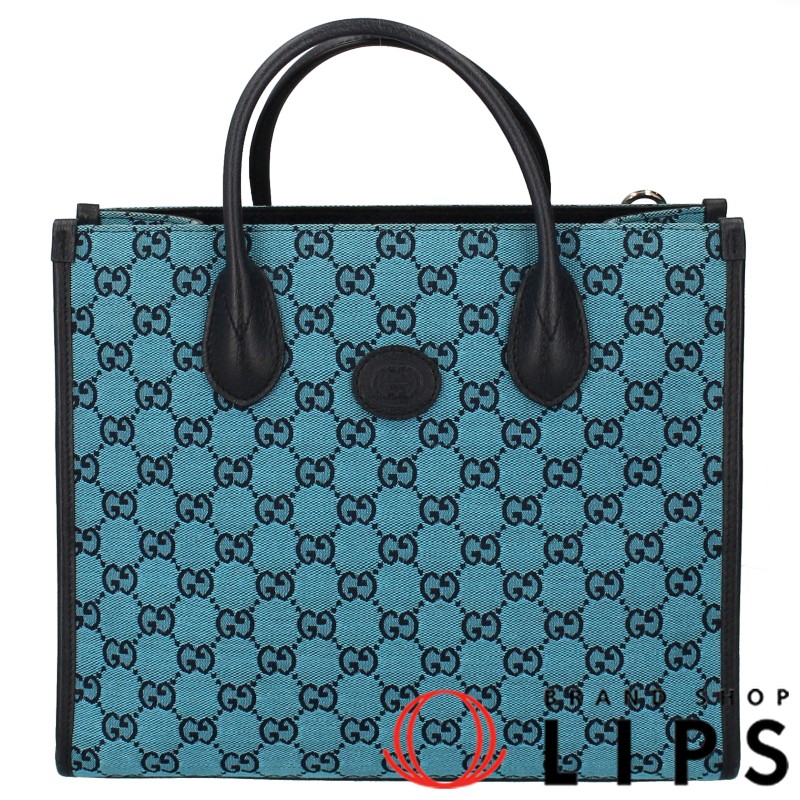 Gucci GG Small Tote Bag in Blue Canvas and Leather Pre-Owned