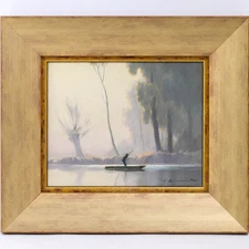 Hermann Dieste Oil Painting River Boat Misty Morning German Landscape Framed