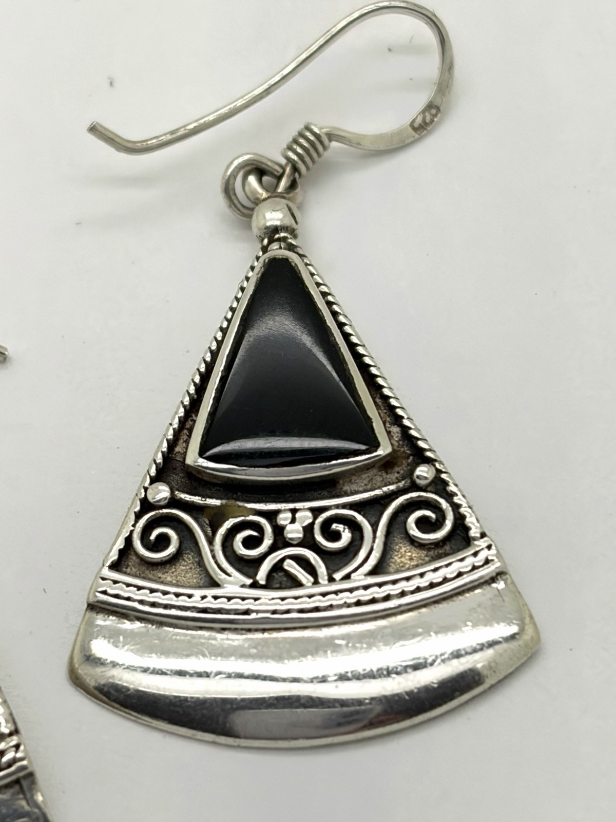 Solid Sterling Silver/Blk. Onyx Triangle Dangle E… - image 2