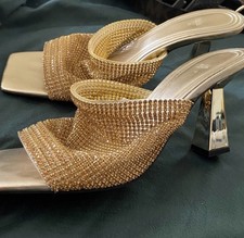 Zara gold mesh embellished rhinestone slip on square toe high heels shimmering