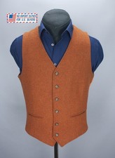 BROOK TAVERNER Mens Rust Orange Tweed Waistcoat Vest 100 Wool Size 38R EU 48 97