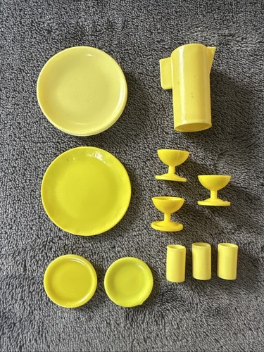 Barbie Doll Play Dishes Pitcher Plate Cups Cook Yellow Mugs
