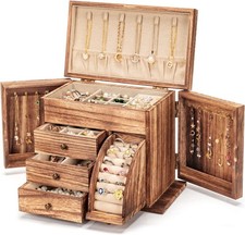 Jewelry Box Organizer, Solid Wood Boxes for Large Carbonized Brown