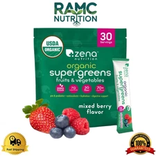 Zena Nutrition Organic Super Greens Powder | Mixed Berry- 30 Drink Mix Packets