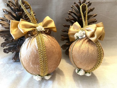 Gold Velvet & Rhinestone Ornaments-Gold Gimp, Gold Roses & Bows,White RosesSet 2