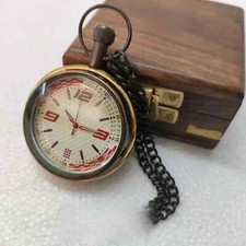 Antique Finish Brass Made Pocket Watch Chain With Wood Box Nautical Gift Item