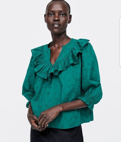 ZARA GREEN EMBROIDERED CUTWORK ROMANTIC BLOUSE TOP XS 7200/233 | eBay