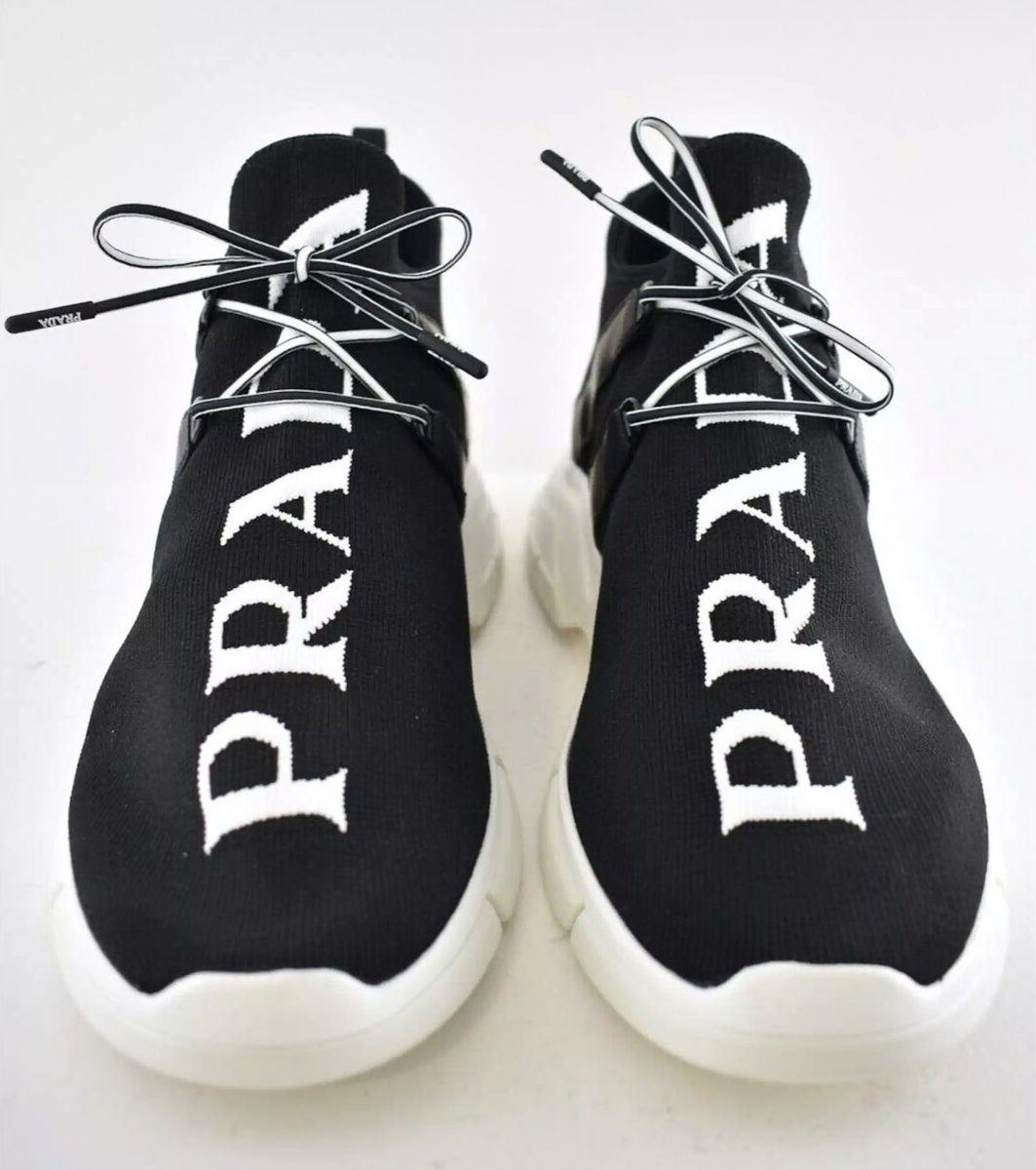 Prada Mens XY Logo Sock Black White Knit Flat Trainer Sneaker UK