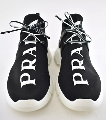 Prada Mens XY Logo Sock Black White Knit Flat Trainer Sneaker UK