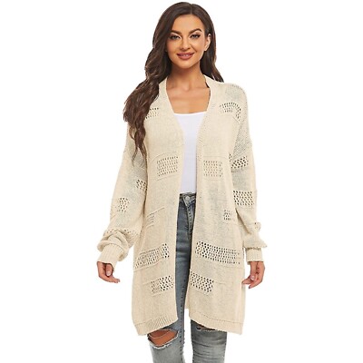 Hollow Out Open Front Knit Long Oversized Cardigan Sweater Outerwear Beige  S