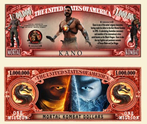 KANO MORTAL KOMBAT ! BILLET MILLION DOLLAR US MK Jeu Video Film Dragon Noir Clan - Afbeelding 1 van 1