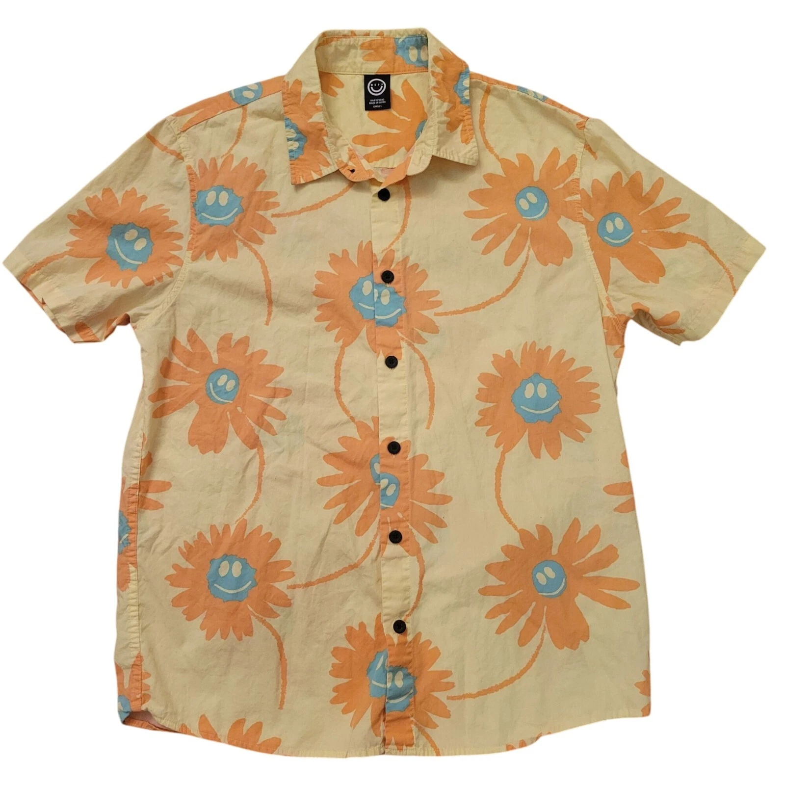 Neff Smiley Face Floral Short Sleeve Button Up Shirt S Cotton Yellow Orange