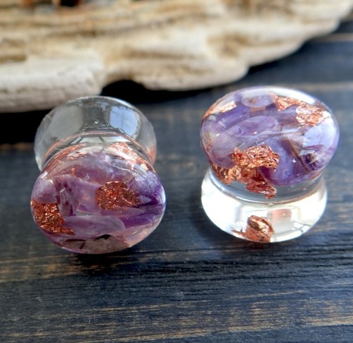 Stone plug and tunnels earrings Purple gauges for ears Resin Double flare 0g 00g - Picture 3 of 5