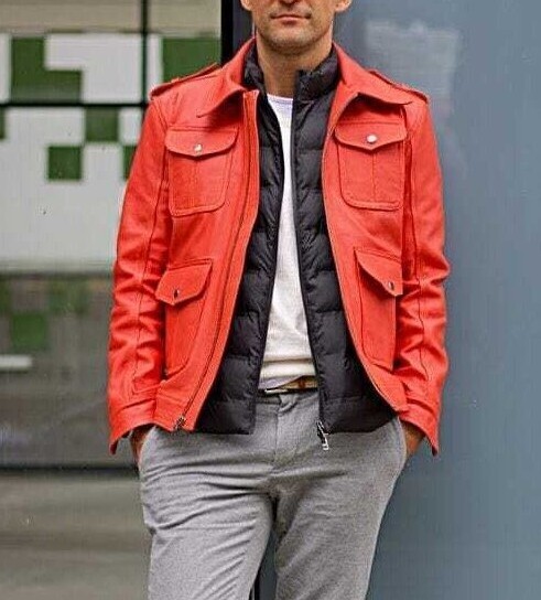 Mens Leather Trucker Jacket Orange Pure Lambskin Size XS S M L XXL