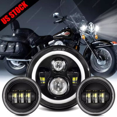 For Harley Davidson Heritage Softail Classic 7'' LED Headlight +Fog Passing Light