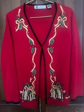 VTG Christmas Holiday Festive Red Gold Sweater Embroidered Sparkly Sz Small