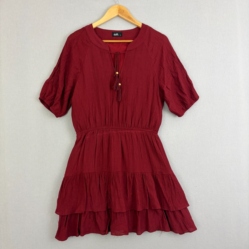 Dotti Dress Womens 12 Red Fit and Flare Tiered Puff Sleeve Tassel Tie Boho Mini