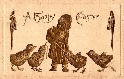 Postcard A Happy Easter Gold Embossed Toddler Girl with Baby Chicks Springtime