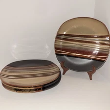 Better Homes & Gardens Bazaar Dinner Plates Brown Tan Stripes Set of 4 Stoneware