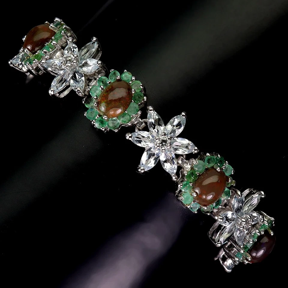 925 Sterling Silber Armband Oval Schwarz Opal 8x6mm Aquamarin Smaragd Edelstein - Bild 2 von 4