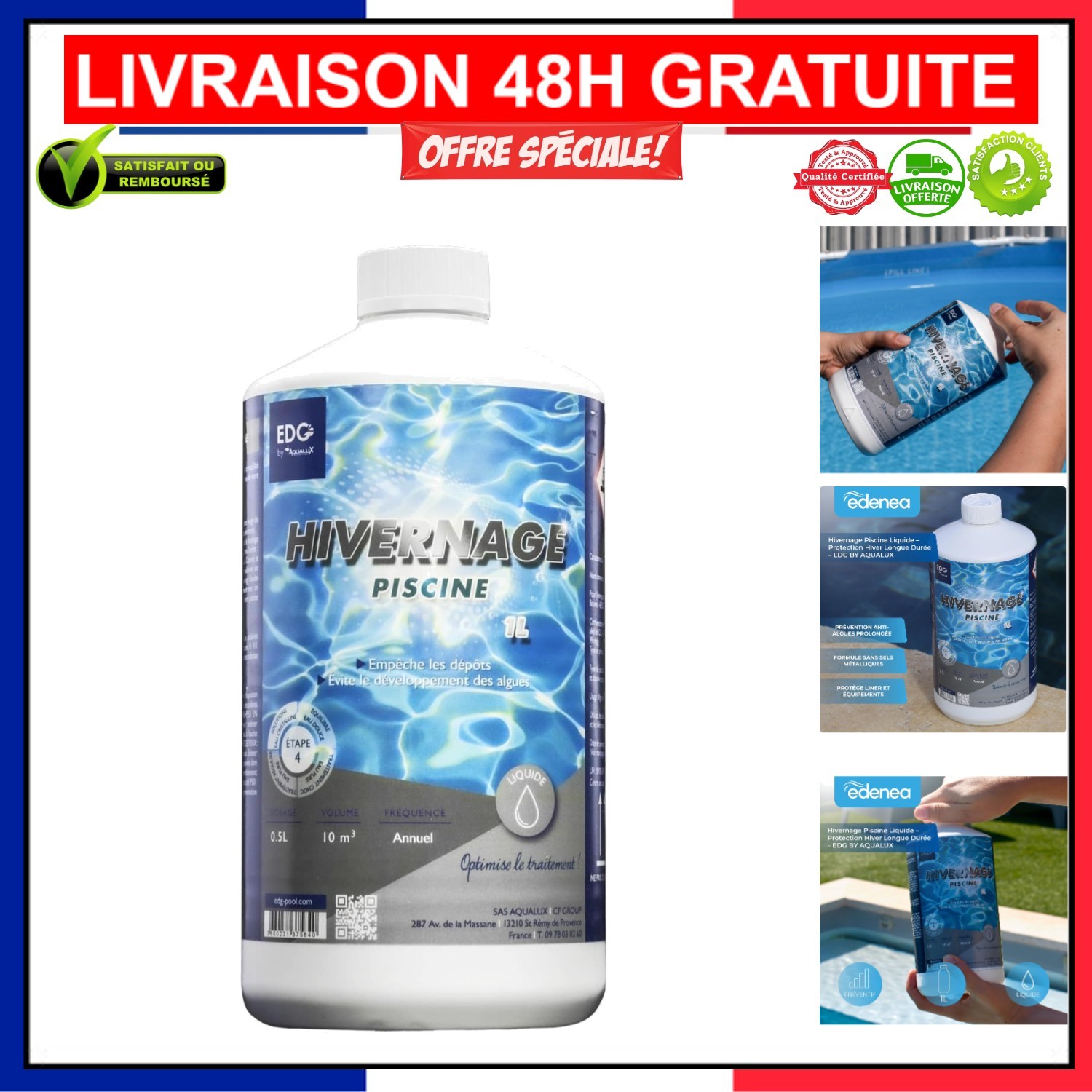 Hivernage piscine 1L EDENEA produit traitement hiver anti-algues pour bassin