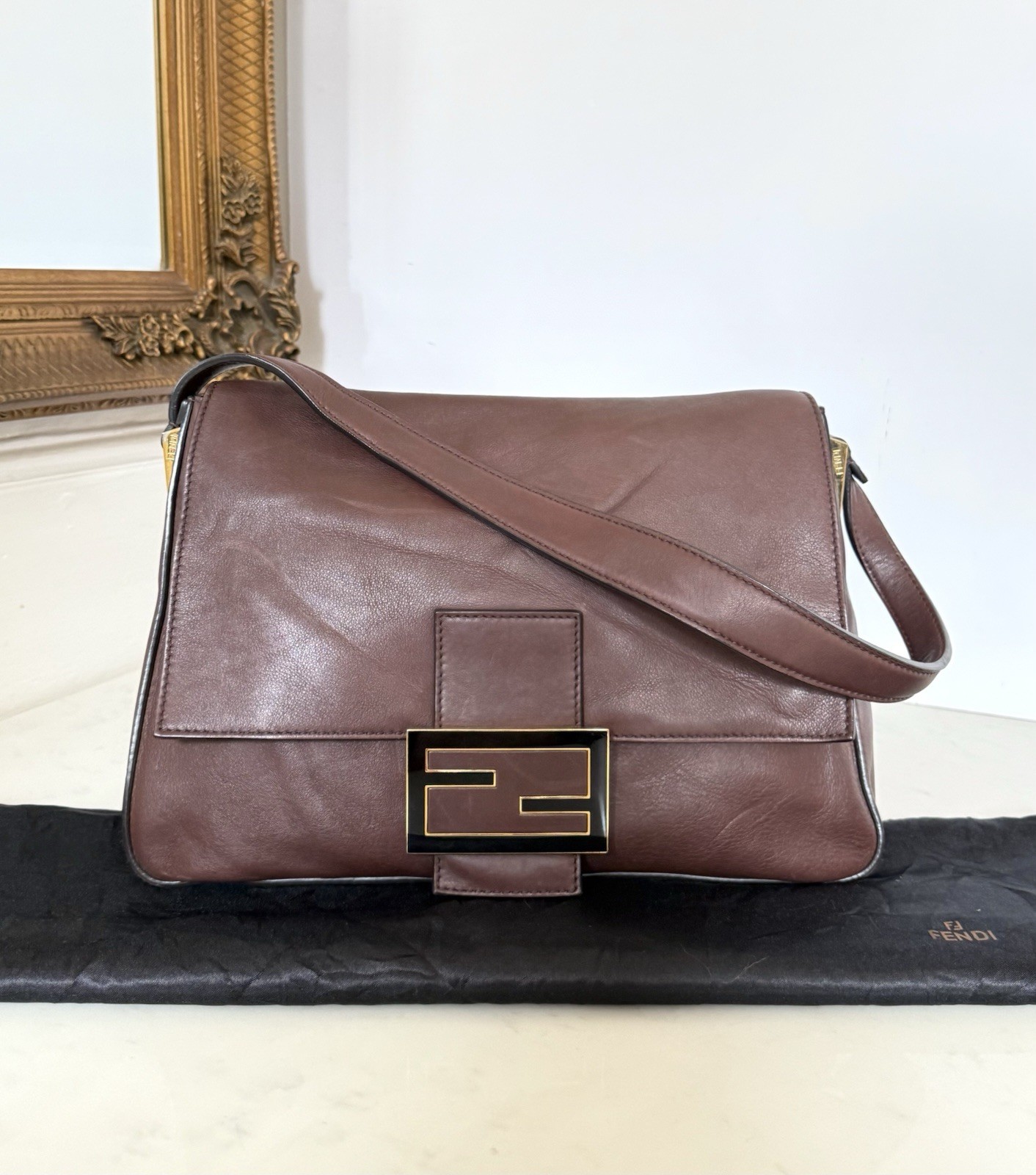 Fendi Mamma Baguette Large Brown Leather Bag Authentic