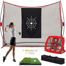 Golf Hitting Net 10x7 FT with Dual Turf Mat, Silk Targets, Balls Tees Bag