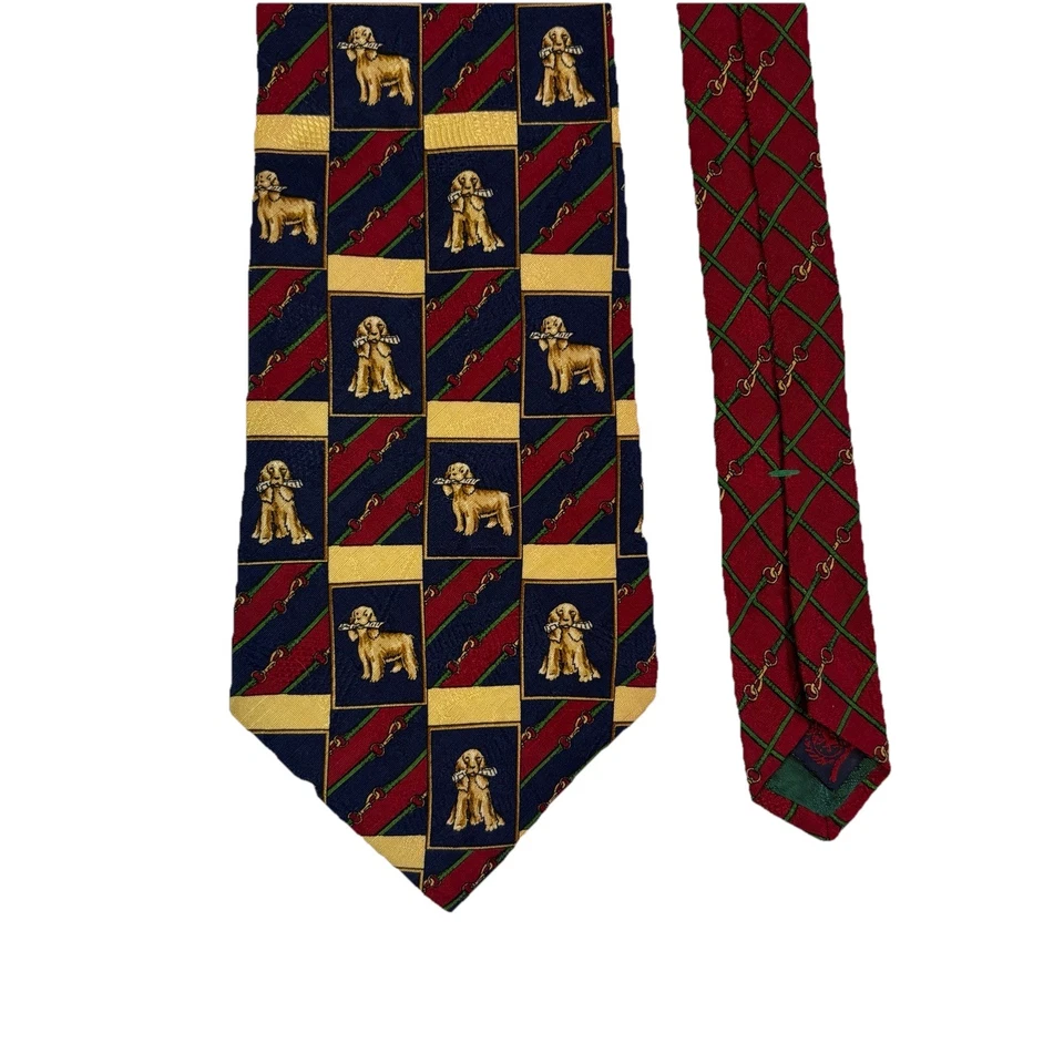 Vtg Tommy Hilfiger Necktie Yellow Lab Dog Leash Red Navy 100% Silk USA Heritage - Image 2 of 4