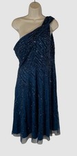 Adrianna Papell Women's Blue Lined Midi Beaded One-Shoulder Dress Size 12
