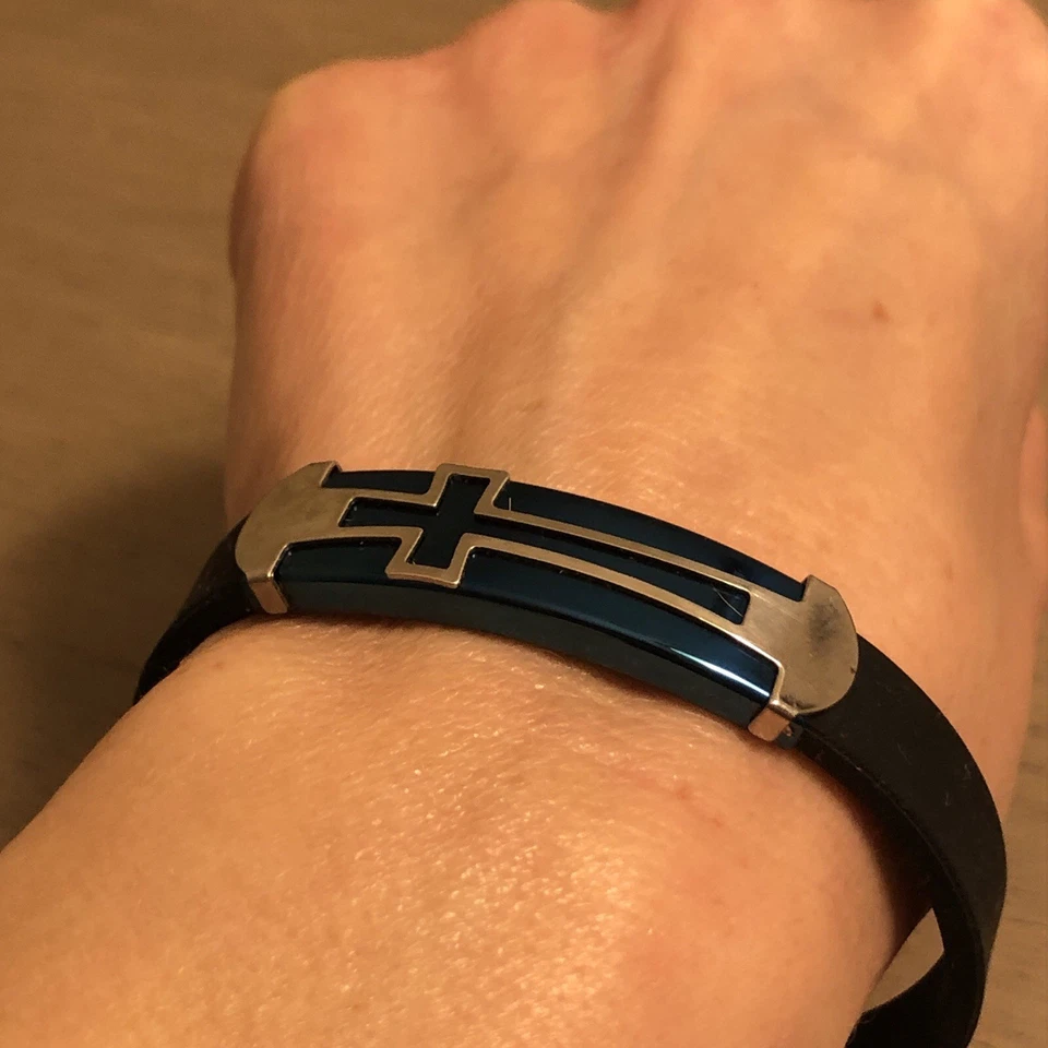 Мужской браслет из нержавеющей стали черный и серебристый металлик синий крест - Изображение 3 из 4
