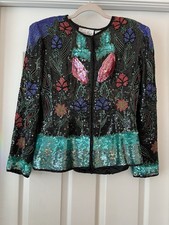 VTG Laurence Kazar 100 Silk Floral Sequin Jacket Party Evening Women's Medium